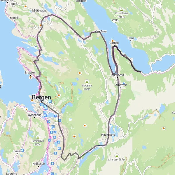 Map miniature of "Bergen to Tårnfoten Scenic Ride" cycling inspiration in Vestlandet, Norway. Generated by Tarmacs.app cycling route planner