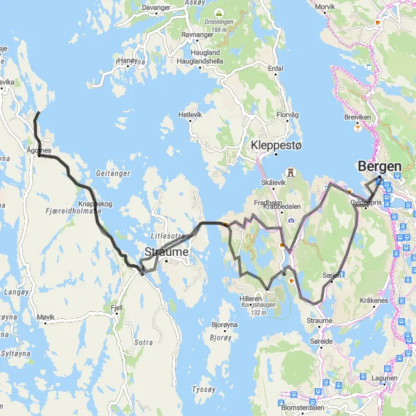 Map miniature of "Bergen to Fyllingsdalen Adventure" cycling inspiration in Vestlandet, Norway. Generated by Tarmacs.app cycling route planner