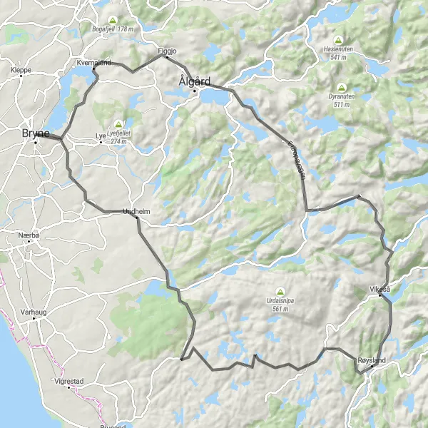 Kartminiatyr av "Ålgård og Undheim Rundtur" sykkelinspirasjon i Vestlandet, Norway. Generert av Tarmacs.app sykkelrutoplanlegger