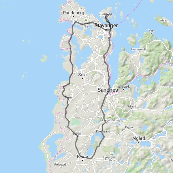 Kartminiatyr av "Bryne til Sandnes sykkeltur" sykkelinspirasjon i Vestlandet, Norway. Generert av Tarmacs.app sykkelrutoplanlegger