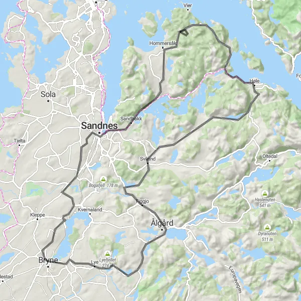 Map miniature of "Tinghaug to Ålgård Challenge" cycling inspiration in Vestlandet, Norway. Generated by Tarmacs.app cycling route planner