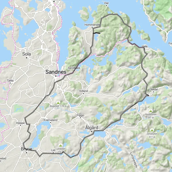 Map miniature of "Picturesque Road Cycling Route to Time" cycling inspiration in Vestlandet, Norway. Generated by Tarmacs.app cycling route planner