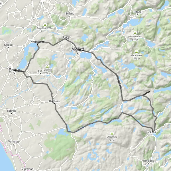 Kartminiatyr av "Rundtur til Ålgård, Høljaberget og Nedrebø" sykkelinspirasjon i Vestlandet, Norway. Generert av Tarmacs.app sykkelrutoplanlegger