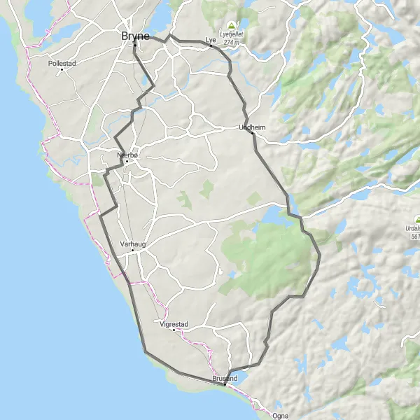 Kartminiatyr av "Brusand Sirkel" sykkelinspirasjon i Vestlandet, Norway. Generert av Tarmacs.app sykkelrutoplanlegger