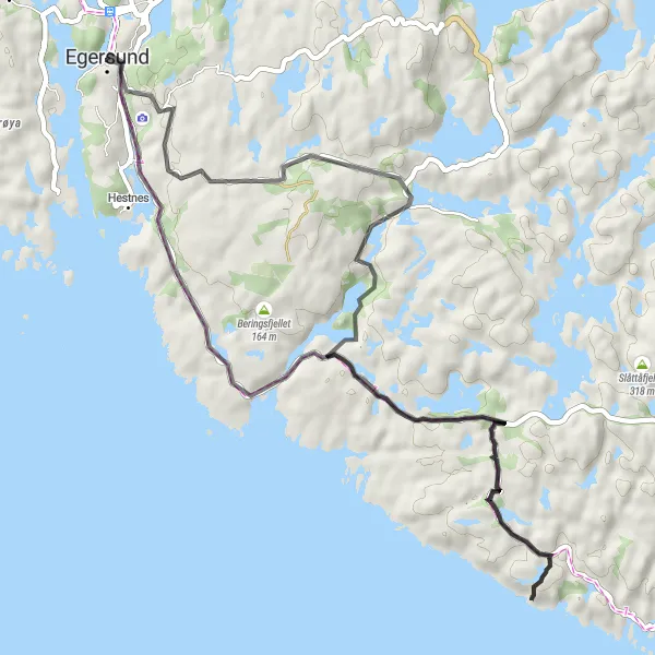 Map miniature of "Egersund to Årstafjellet Short Route" cycling inspiration in Vestlandet, Norway. Generated by Tarmacs.app cycling route planner