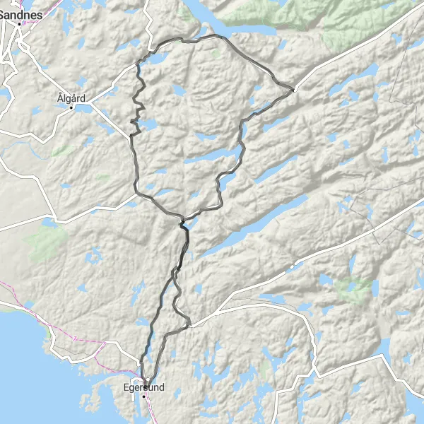 Kartminiatyr av "Sjø- og fjellutsikt fra Egersund til Vinjakula" sykkelinspirasjon i Vestlandet, Norway. Generert av Tarmacs.app sykkelrutoplanlegger