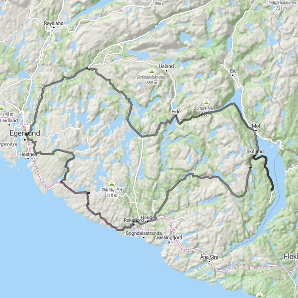 Kartminiatyr av "Egersund - Årstafjellet" sykkelinspirasjon i Vestlandet, Norway. Generert av Tarmacs.app sykkelrutoplanlegger