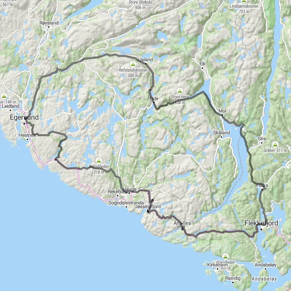 Map miniature of "Egersund to Årstafjellet" cycling inspiration in Vestlandet, Norway. Generated by Tarmacs.app cycling route planner