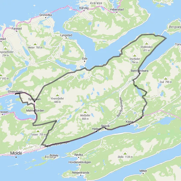 Map miniature of "Kleive Circuit" cycling inspiration in Vestlandet, Norway. Generated by Tarmacs.app cycling route planner