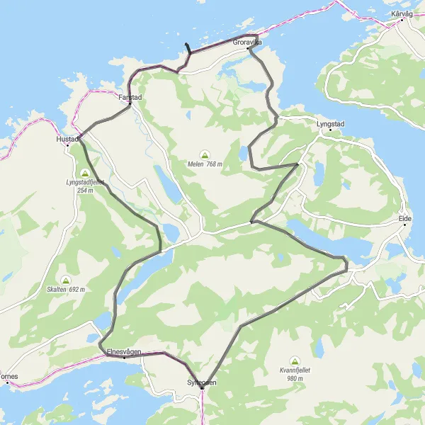 Map miniature of "Coastal Delights" cycling inspiration in Vestlandet, Norway. Generated by Tarmacs.app cycling route planner