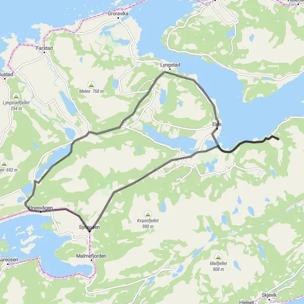 Map miniature of "Scenic Loop from Eide" cycling inspiration in Vestlandet, Norway. Generated by Tarmacs.app cycling route planner