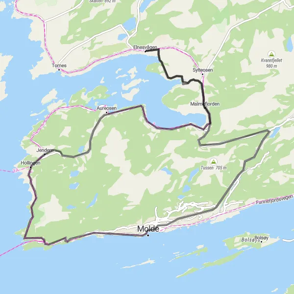 Kartminiatyr av "Opplev Sykkeltur til Molde og Malmefjorden" sykkelinspirasjon i Vestlandet, Norway. Generert av Tarmacs.app sykkelrutoplanlegger