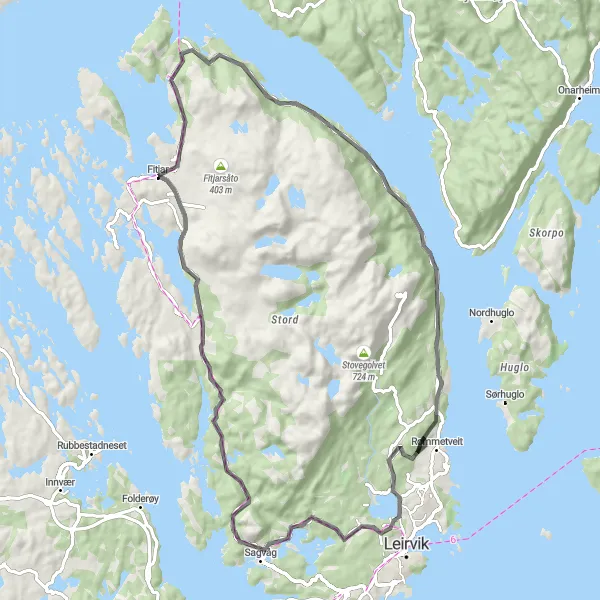 Map miniature of "Scenic Fitjar to Storavatnet Road Cycling Route" cycling inspiration in Vestlandet, Norway. Generated by Tarmacs.app cycling route planner