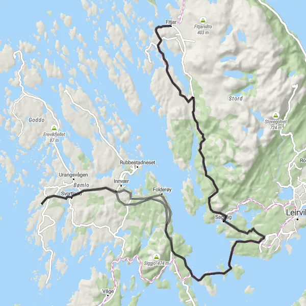 Map miniature of "Fitjar to Svortland Adventure" cycling inspiration in Vestlandet, Norway. Generated by Tarmacs.app cycling route planner