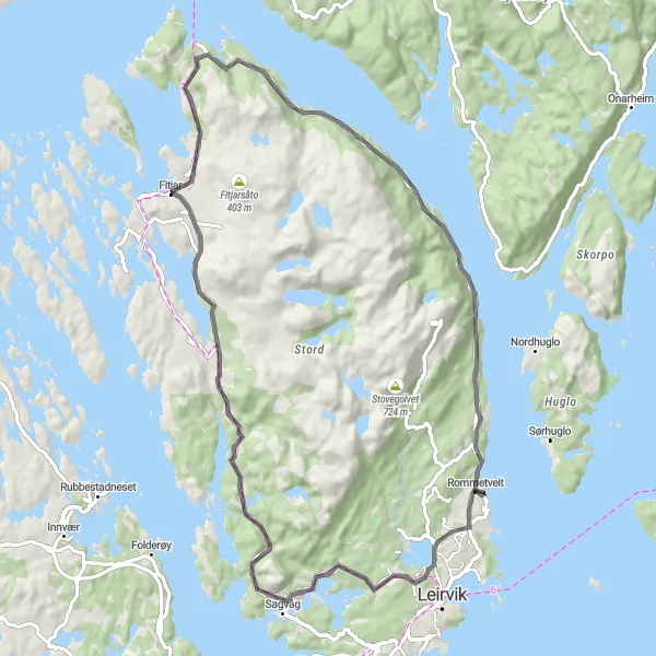 Map miniature of "Fitjar to Storavatnet Scenic Road Cycling Route" cycling inspiration in Vestlandet, Norway. Generated by Tarmacs.app cycling route planner