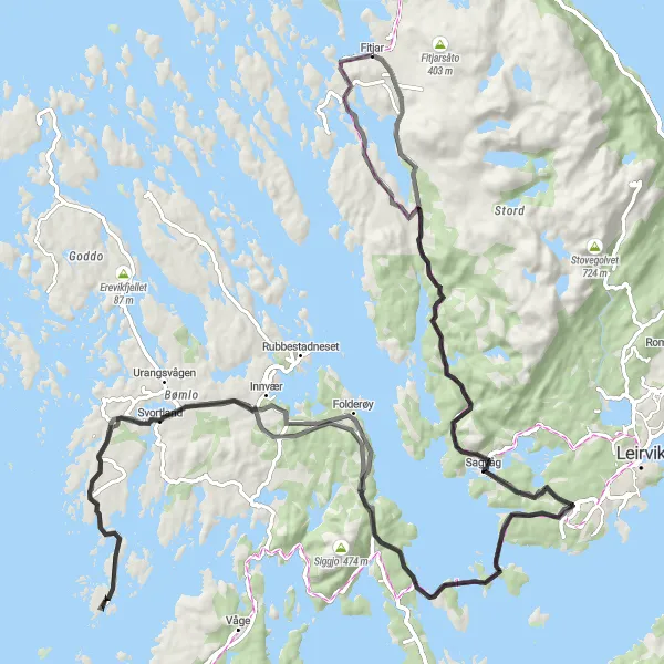 Map miniature of "Fitjar to Svortland Loop" cycling inspiration in Vestlandet, Norway. Generated by Tarmacs.app cycling route planner