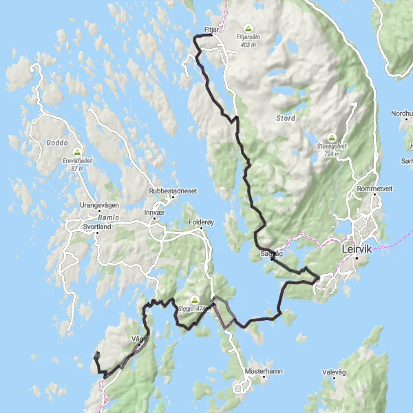 Map miniature of "Fitjar to Finnås Loop" cycling inspiration in Vestlandet, Norway. Generated by Tarmacs.app cycling route planner