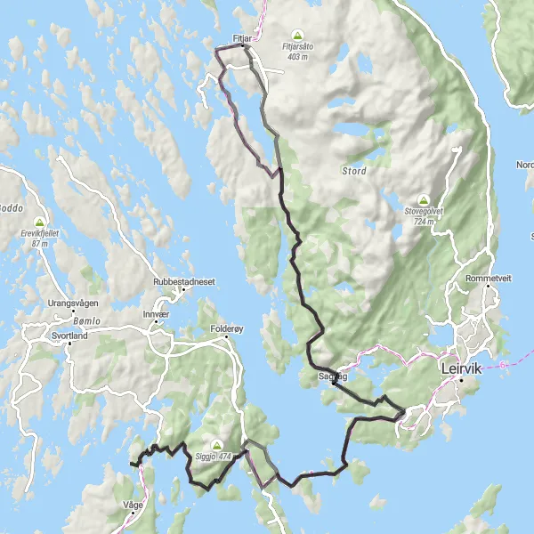 Kartminiatyr av "Fitjar til Finnås Loop" sykkelinspirasjon i Vestlandet, Norway. Generert av Tarmacs.app sykkelrutoplanlegger