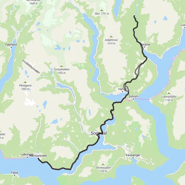 Map miniature of "Spectacular Gaupne Loop" cycling inspiration in Vestlandet, Norway. Generated by Tarmacs.app cycling route planner