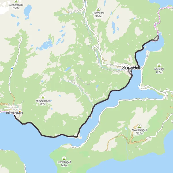 Kartminiatyr av "Barsnesfjorden Utforskning" sykkelinspirasjon i Vestlandet, Norway. Generert av Tarmacs.app sykkelrutoplanlegger