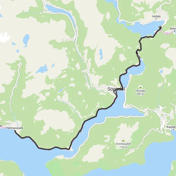 Kartminiatyr av "Sogndalsfjorden Opplevelse" sykkelinspirasjon i Vestlandet, Norway. Generert av Tarmacs.app sykkelrutoplanlegger