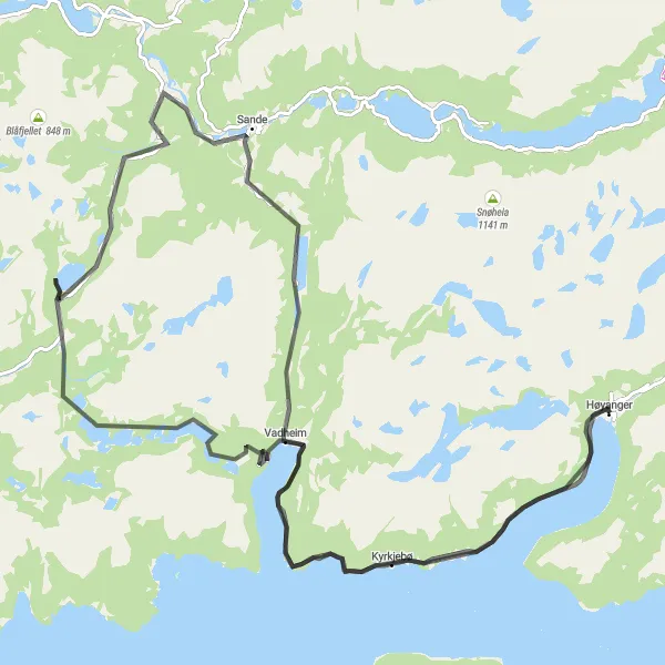 Map miniature of "Sande Challenge" cycling inspiration in Vestlandet, Norway. Generated by Tarmacs.app cycling route planner