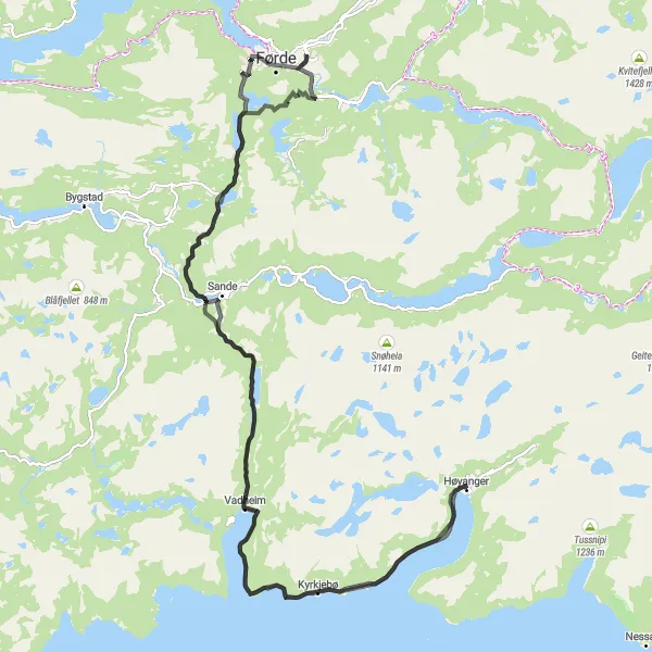 Kartminiatyr av "Høyanger til Høyanger via Førde og Sande" sykkelinspirasjon i Vestlandet, Norway. Generert av Tarmacs.app sykkelrutoplanlegger