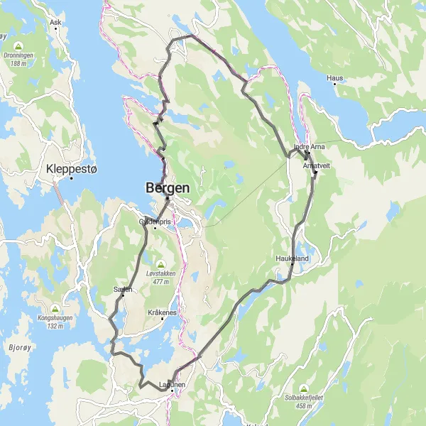 Map miniature of "Indre Arna Loop" cycling inspiration in Vestlandet, Norway. Generated by Tarmacs.app cycling route planner