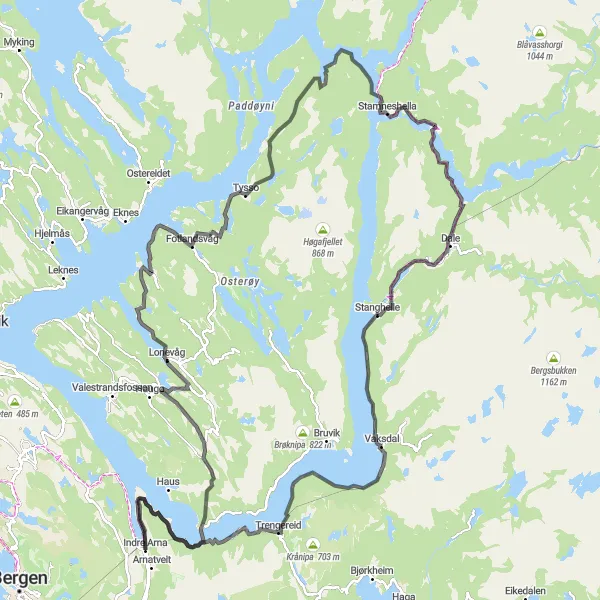 Kartminiatyr av "Rundtur til Lonevåg og Trengereid" sykkelinspirasjon i Vestlandet, Norway. Generert av Tarmacs.app sykkelrutoplanlegger