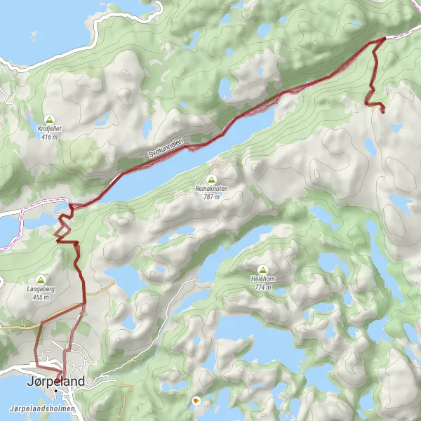 Kartminiatyr av "Grusveier og Fjelltopper" sykkelinspirasjon i Vestlandet, Norway. Generert av Tarmacs.app sykkelrutoplanlegger
