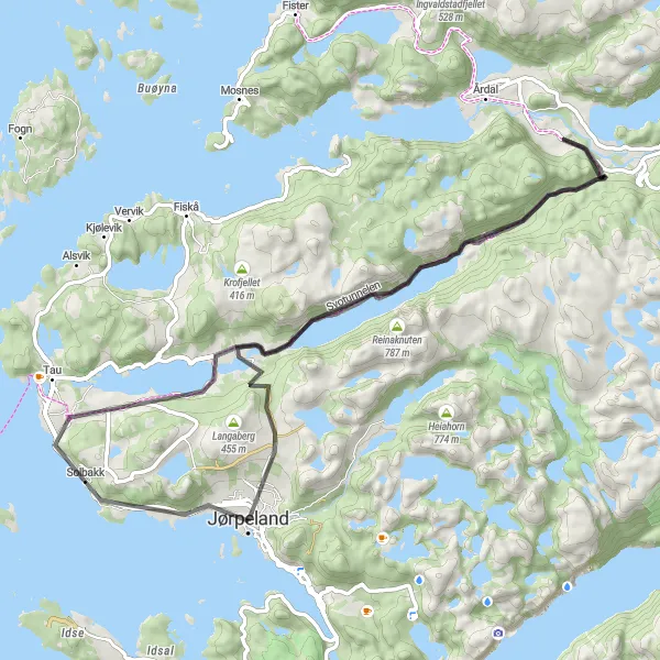 Map miniature of "Jørpeland to Midtknuten" cycling inspiration in Vestlandet, Norway. Generated by Tarmacs.app cycling route planner
