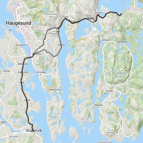 Map miniature of "Kopervik to Avaldsnes Loop" cycling inspiration in Vestlandet, Norway. Generated by Tarmacs.app cycling route planner