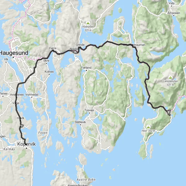 Kartminiatyr av "Rundtur Kopervik - Skjoldastraumen - Aksdal - Dyrafjellet" sykkelinspirasjon i Vestlandet, Norway. Generert av Tarmacs.app sykkelrutoplanlegger