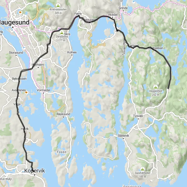 Kartminiatyr av "Rundtur via Alvanuten og Dyrafjellet fra Kopervik" sykkelinspirasjon i Vestlandet, Norway. Generert av Tarmacs.app sykkelrutoplanlegger