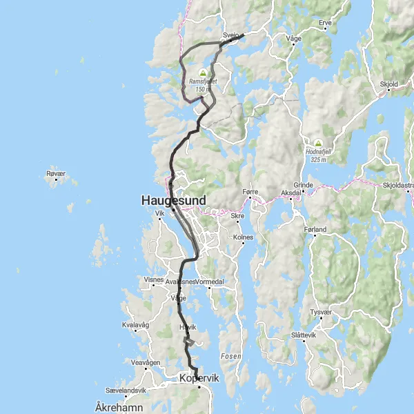 Map miniature of "Avaldsnes to Kopervik Loop" cycling inspiration in Vestlandet, Norway. Generated by Tarmacs.app cycling route planner