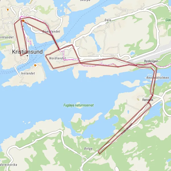 Kartminiatyr av "Kristiansund til Bjønnahaugen Grusvei Tur" sykkelinspirasjon i Vestlandet, Norway. Generert av Tarmacs.app sykkelrutoplanlegger