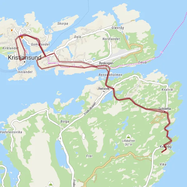 Kartminiatyr av "Grusvei Rundtur fra Kristiansund" sykkelinspirasjon i Vestlandet, Norway. Generert av Tarmacs.app sykkelrutoplanlegger