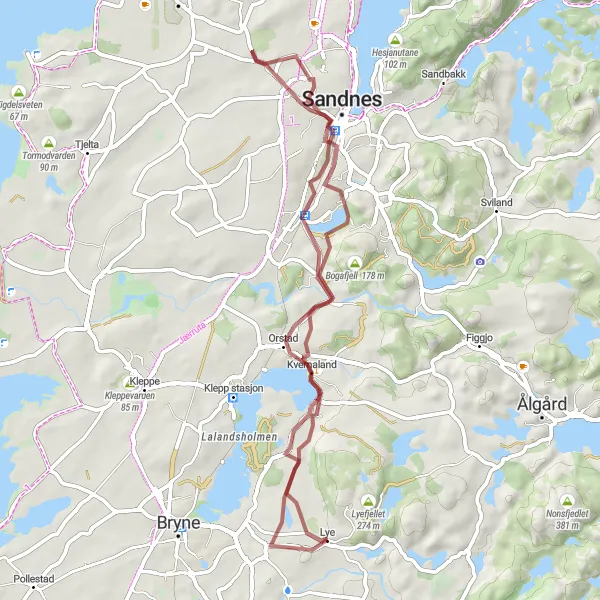 Map miniature of "Gravel Adventure to Kvernaland and Ganddal" cycling inspiration in Vestlandet, Norway. Generated by Tarmacs.app cycling route planner