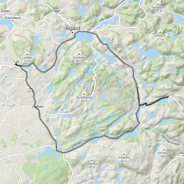 Map miniature of "Lyefjell - Brunshammaren - Ålgård - Karten - Undheim" cycling inspiration in Vestlandet, Norway. Generated by Tarmacs.app cycling route planner