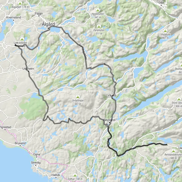 Map miniature of "Lyefjell - Brunshammaren - Ålgård - Skjæveland - Kartakalven - Undheim" cycling inspiration in Vestlandet, Norway. Generated by Tarmacs.app cycling route planner