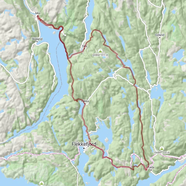 Map miniature of "Scenic Gravel Tour to Skjeggestadåsen" cycling inspiration in Vestlandet, Norway. Generated by Tarmacs.app cycling route planner