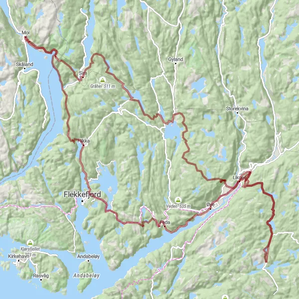 Kartminiatyr av "Sira - Moi - Liknes - Feda Circuit" sykkelinspirasjon i Vestlandet, Norway. Generert av Tarmacs.app sykkelrutoplanlegger