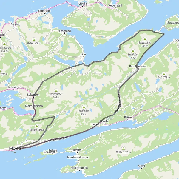 Map miniature of "Molde to Røbekk Loop" cycling inspiration in Vestlandet, Norway. Generated by Tarmacs.app cycling route planner