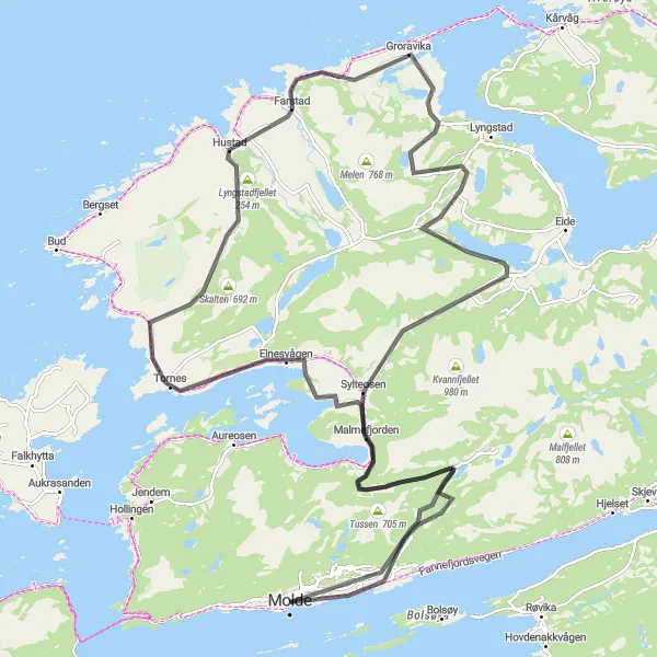 Map miniature of "Molde to Hustad Loop" cycling inspiration in Vestlandet, Norway. Generated by Tarmacs.app cycling route planner