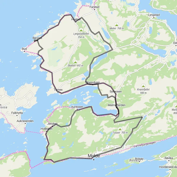 Map miniature of "Molde to Elnesvågen Loop" cycling inspiration in Vestlandet, Norway. Generated by Tarmacs.app cycling route planner