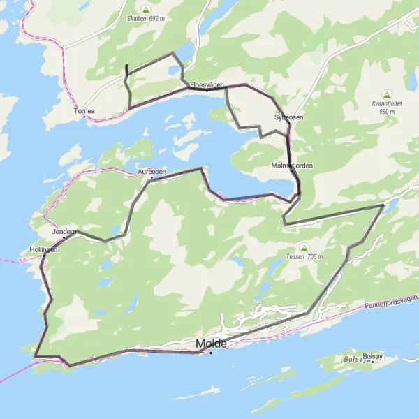 Kartminiatyr av "Molde til Klempertåsen rundtur" sykkelinspirasjon i Vestlandet, Norway. Generert av Tarmacs.app sykkelrutoplanlegger