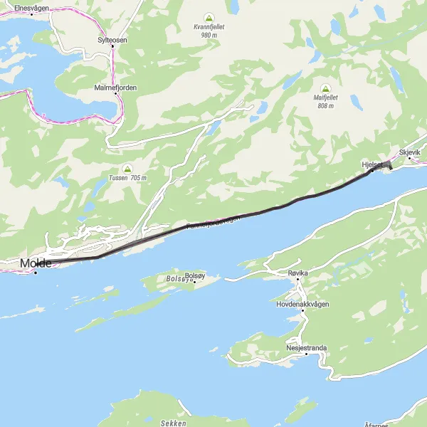 Map miniature of "Molde to Strande Loop" cycling inspiration in Vestlandet, Norway. Generated by Tarmacs.app cycling route planner