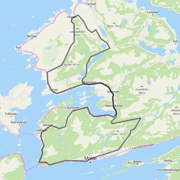 Kartminiatyr av "Molde til Elnesvågen rundtur" sykkelinspirasjon i Vestlandet, Norway. Generert av Tarmacs.app sykkelrutoplanlegger