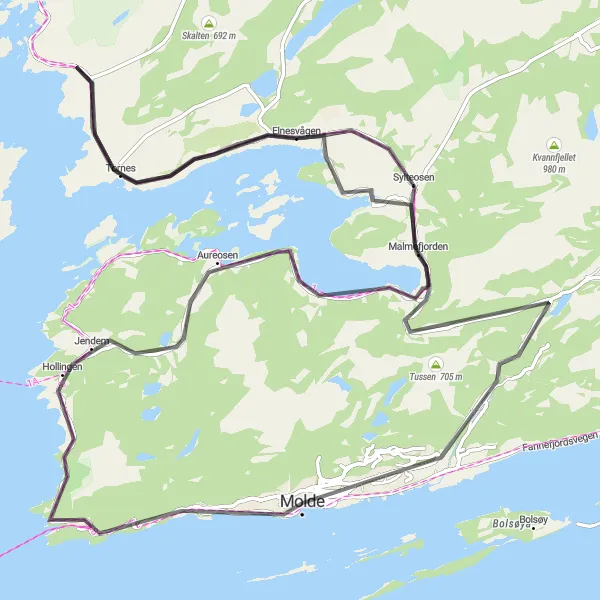 Kartminiatyr av "Molde til Kringstadnakken sykkeltur" sykkelinspirasjon i Vestlandet, Norway. Generert av Tarmacs.app sykkelrutoplanlegger