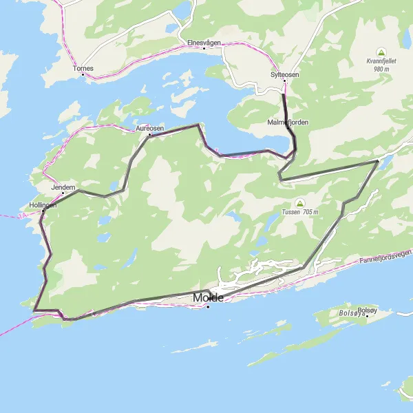 Map miniature of "Sandsbukta Coastal Ride" cycling inspiration in Vestlandet, Norway. Generated by Tarmacs.app cycling route planner